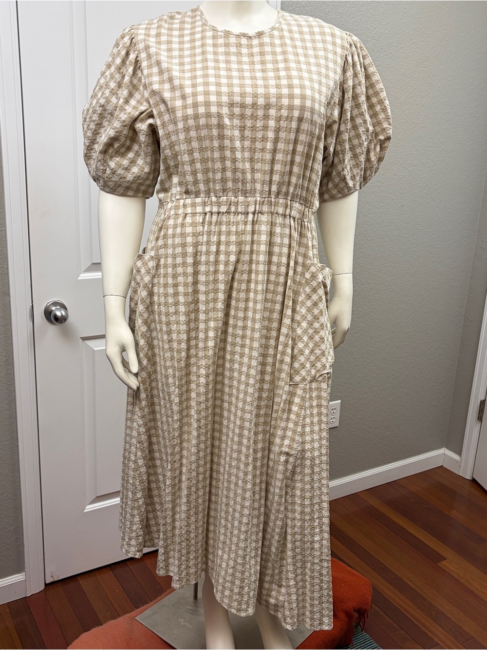 Neutral Gingham Midi Dress with Puff Sleeves